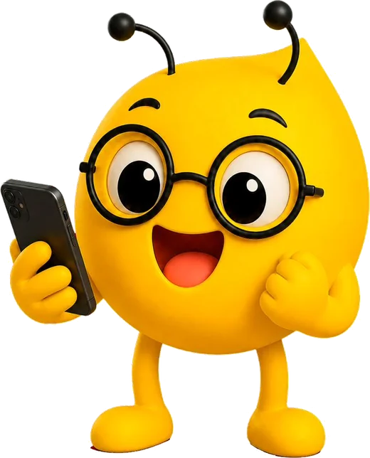Mascote KOPSI com um celular, representando a navegação ativa do visitante dentro do site