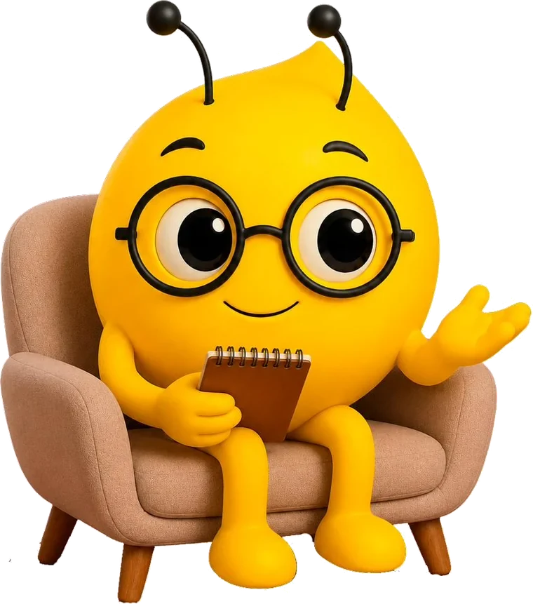 Mascote KOPSI em poltrona representando a escuta analítica
