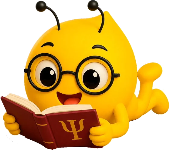 Mascote KOPSI lendo um livro de psicologia, representando a fundação técnica que sustenta o método